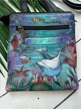 Anuschka Dolphin Ocean Scene Leather Crossbody Bag RFID Painted Sea Life Purse
